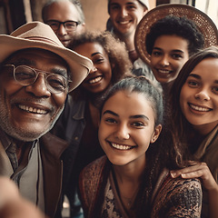 Image showing Family, face portrait and diversity selfie or smile with children, parents and grandparents bonding. Senior men, women and kid group happy for support, security and time or love and care ai generated