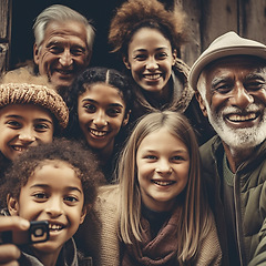 Image showing Family, happy portrait and diversity selfie or smile with children, parents and grandparents bonding. Senior men, women and kid face group for ai generated care with love and happiness on holiday