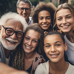Image showing Big family, portrait and diversity selfie or smile with children, parents and grandparents bonding. Senior man, woman and girl kid group for support, security and time with love and care on holiday