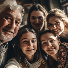 Image showing Ai, selfie and portrait of grandparents, parents and children at home with digital, futuristic and 3d photo filter. Family, creative technology and augmented faces of happy people smile for picture