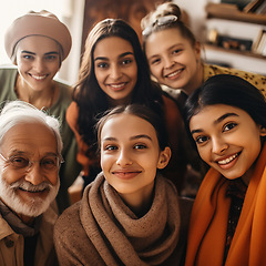 Image showing Portrait, indian family with a senior man and grandchildren in the living room of a home during a visit. Love, happy and a grandfather posing together with a group of girl relatives in their house