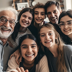 Image showing Face, family portrait and smile selfie with children, parents and grandparents bonding. Senior man and kid or people happy together for support, security and time with love and care ai generated