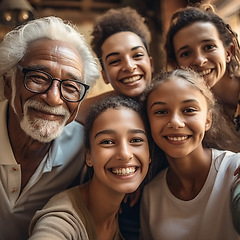 Image showing Smile, selfie and portrait of family in home for relaxing, bonding and together on weekend. Retirement, multicultural and faces of ai generated grandparents, parents and kids take picture for memory