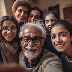 Image showing Family, portrait and grandfather selfie with happy children and grandpa bonding in home. Senior man and teenage kid group with smile on ai generated faces for support and memories with love and care