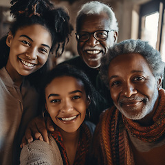 Image showing Selfie, portrait and black family with smile at home for digital art, futuristic app and 3d creative photo. Happy, grandparents and children faces in picture, ai generated people or augmented filter
