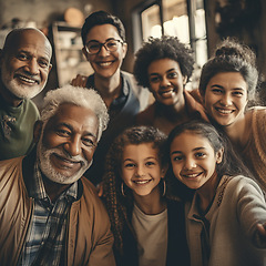 Image showing Big family, portrait and smile selfie with children, parents and diversity grandparents bonding. Senior men, women and kids group happy for support, home and quality time in love or care ai generated