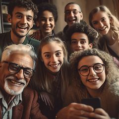 Image showing Happy, selfie and portrait of family smile at home for bonding, relaxing and quality time together. Multicultural, generations and ai generated faces of children, parents and grandparents for picture