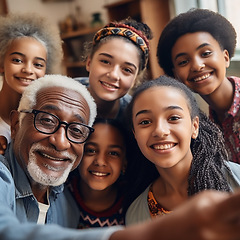 Image showing Happy portrait, family and diversity selfie or smile with children and grandpa bonding. Senior man and girl in group with faces for support in their ai generated home for quality time with love