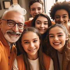 Image showing Family, smile and diversity portrait or selfie with children, parents and grandparents bonding. Senior man, women and kid group happy for support, security and time with love and care ai generated