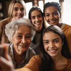 Image showing Selfie, smile and portrait of women in home for relaxing, bonding and quality time together. Big family, multicultural generations and faces of happy people smile for ai generated picture together