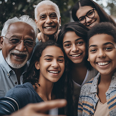 Image showing Selfie, love and family with smile, bonding in quality time with natural loving or happiness. Portrait, grandparents and children with joy on vacation with generations, happy and ai generated