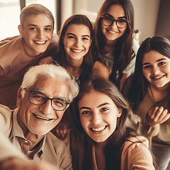 Image showing Selfie portrait of grandparents, parents and children at home for relaxing, bonding and quality time. Big family, multicultural and faces of happy people smile for ai generated picture together
