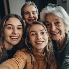 Image showing Selfie, portrait and grandparents, parents and children in home for bonding, quality time and relax in living room. Big family, face of happy women smile together for ai generated picture in house