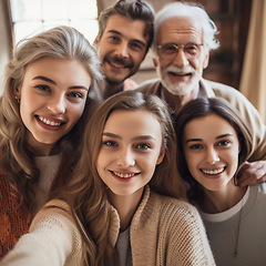 Image showing Portrait selfie of grandparents, parents and children at home for relaxing, bonding and quality time. Big family, multicultural and faces of happy people smile for ai generated picture together