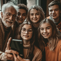 Image showing Family, smile portrait and selfie with children, mother and grandpa bonding. Senior man, woman and teenage kid group happy for support, security and home quality time or love and ai generated care