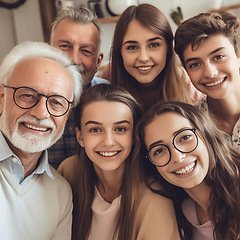 Image showing Ai, selfie and portrait of grandparents and children at home with digital art, futuristic app and 3d photo filter. Family, creative technology and augmented faces of happy people smile for picture