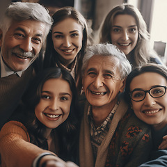 Image showing Smile, selfie and portrait of family in home for relaxing, bonding and together on weekend. Retirement, love and happy faces of ai generated grandparents, parents and kids take picture for memory