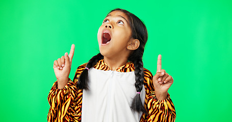 Image showing Shock, green screen and face of a child pointing isolated on a studio background. Wow, looking and portrait of a girl gesturing with hands on a mockup space backdrop for announcement or presentation