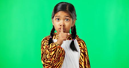 Image showing Secret, green screen and face of a child in studio with her finger on her lip for a quiet gesture. Noise, young and portrait of girl kid posing with silence or hush hand sign by chroma key background