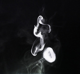 Image showing Smoke ring png, transparent background and studio with abstract grey pollution swirl with cloud. Fog, art and steam pattern in the air with isolated, smoking effect and incense creativity