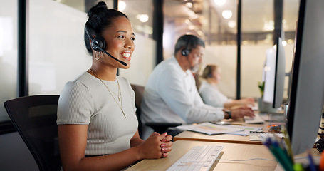 Image showing Contact us, telemarketing and crm, black woman in customer service with headset and smile on face. Happy to help, call center agent or sales consultant on phone call, support and consulting online.