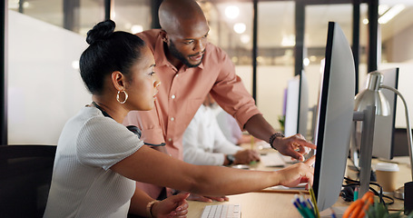 Image showing Collaboration, human resources and training with a business black woman talking to her manager or supervisor at work. Teamwork, meeting and management with a man and female employee in the office