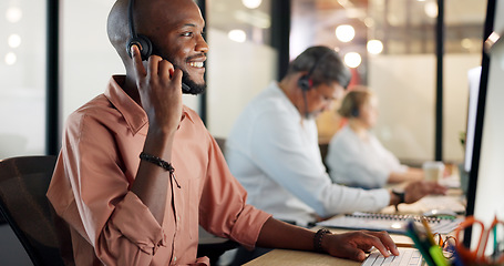 Image showing Call center, customer support and face of a black man consultant doing online consultation in the office. Customer service, sales employee and telemarketing agent working on crm strategy in workplace