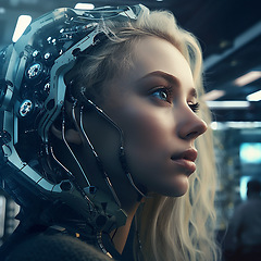 Image showing Cyberpunk, scifi gaming and robot woman for fantasy character, digital video game and metaverse. Futuristic technology, virtual reality and dystopian girl with ai generated, cyborg and 3d art design