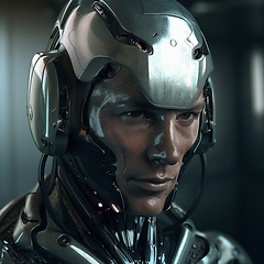 Image showing Cyberpunk, futuristic and scifi cyborg man for video game character, digital gaming and metaverse. Technology, virtual reality and dystopian male soldier at night for ai generated, 3d robot design