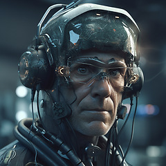 Image showing Cyberpunk, cyborg and scifi old man for fantasy character, digital video game and metaverse. Technology, virtual reality and male hero in dystopian city at night in ai generated, robot and 3d design