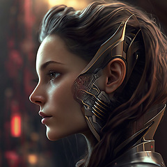 Image showing Digital, 3d face and cyborg woman profile in metaverse, virtual reality or science fiction, high tech and cyberpunk. Robotics human, scifi programming and fantasy character design with ai generated