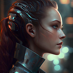 Image showing Futuristic, 3d face and cyborg woman profile in digital world, virtual reality or science fiction in high tech and night bokeh. Robotics human, cyber programming or ai generated fantasy character