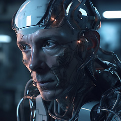Image showing Cyberpunk, cyborg and scifi old man for gaming character, digital video game and futuristic metaverse. Technology, virtual reality and dystopian male at night for fantasy ai generated robot design