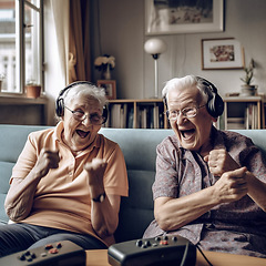 Image showing Celebrate, senior couple and video game, winning and excited celebration and online games in retirement. Happiness, ai generated old woman and man with headphones on sofa in nursing home together.