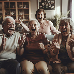 Image showing Retirement, humor and a group of senior friends laughing while playing games together in the living room of home. Happy, funny or bonding with mature men and woman enjoying comedy or ai generated fun