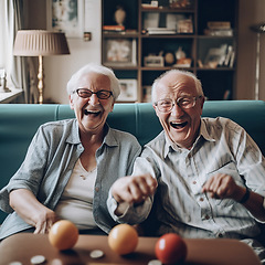 Image showing Portrait of happy senior couple, boardgame and excited while playing games in living room and retirement. Happiness, ai generated old man and woman with game sitting on sofa together in nursing home.