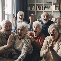 Image showing Retirement, laugh and a group of senior friends having fun while playing games together in a home living room. Happy, funny or bonding with mature men and woman enjoying ai generated comedy or humor