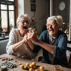 Image showing Celebrate, senior women and board game, winning and excited celebration with games and retirement with smile. Happiness, ai generated old woman and friends with boardgame in nursing home together.