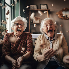 Image showing Crazy, friends and senior women laughing, funny and happiness with joy at reunion. Excited, crazy ladies watching tv with popcorn in retirement home, bonding with food, fun and ai generated humor