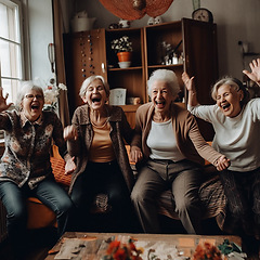 Image showing Retirement, funny and a group of senior friends laughing while playing games together in the living room of a home. Happy, fun or bonding with a mature woman enjoying ai generated comedy or laughter