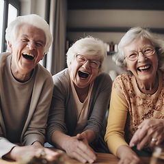 Image showing Face, laughing or excited senior people, old friends or happy group with smile or enjoying a funny time together in retirement home. Friendship bonding, comedy and elderly women or AI generated man