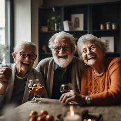 Image showing Portrait, wine or laughing senior people, old friends or group happy, bond and enjoy funny time together in retirement home. Alcohol drinks, comedy and elderly women, excited man or AI generated face