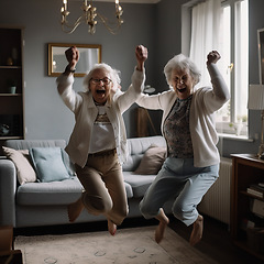 Image showing Portrait, jump or excited senior women, friends or old people jumping, comic fun or happy achievement. Retirement, elderly or woman in winning celebration, home energy or Ai generated female person