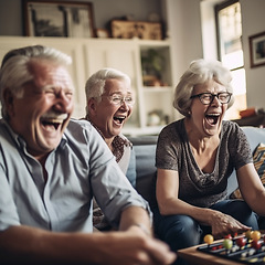 Image showing Retirement, fun and a group of senior friends laughing while playing games together in the living room of a home. Happy, funny or bonding with mature men and woman enjoying comedy, laughter or humor