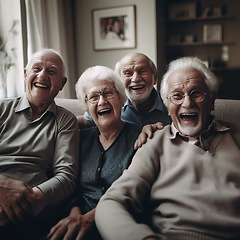 Image showing Face, laughing or happy elderly people, old friends or group excited, smile and enjoy funny time together in retirement home. Friendship bonding, comedy and senior women, man or AI generated person