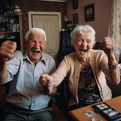 Image showing Celebration, excited and senior couple cheer in home watching game show and entertainment. Retirement, success and ai generated elderly man and happy woman in winner victory, winning and achievement