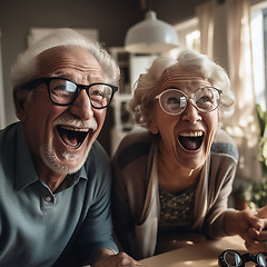 Image showing Excited face, crazy and senior couple of friends happy, smile and enjoy bonding together in retirement home. Laugh, energy or scream of elderly women, fun man or AI generated people in living room