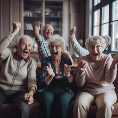 Image showing Retirement, comedy and a group of senior friends laughing while playing games together in living room of home. Happy, funny or bonding with mature men and woman enjoying ai generated fun and laughter