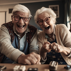 Image showing Faces, laughing and senior couple with game, retirement and bonding with happy smile and love at home. Portrait, mature man and old woman with happiness, ai generated and retired with joy and fun