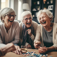 Image showing Laughing, women and elderly friends on a sofa playing games together in the living room of a home. Happiness, ai generated and senior females in retirement bonding and talking in the lounge of house.